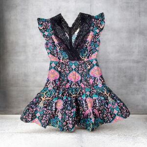 Sandro Black Lace-Trim Floral & Bird Print Mini Dress